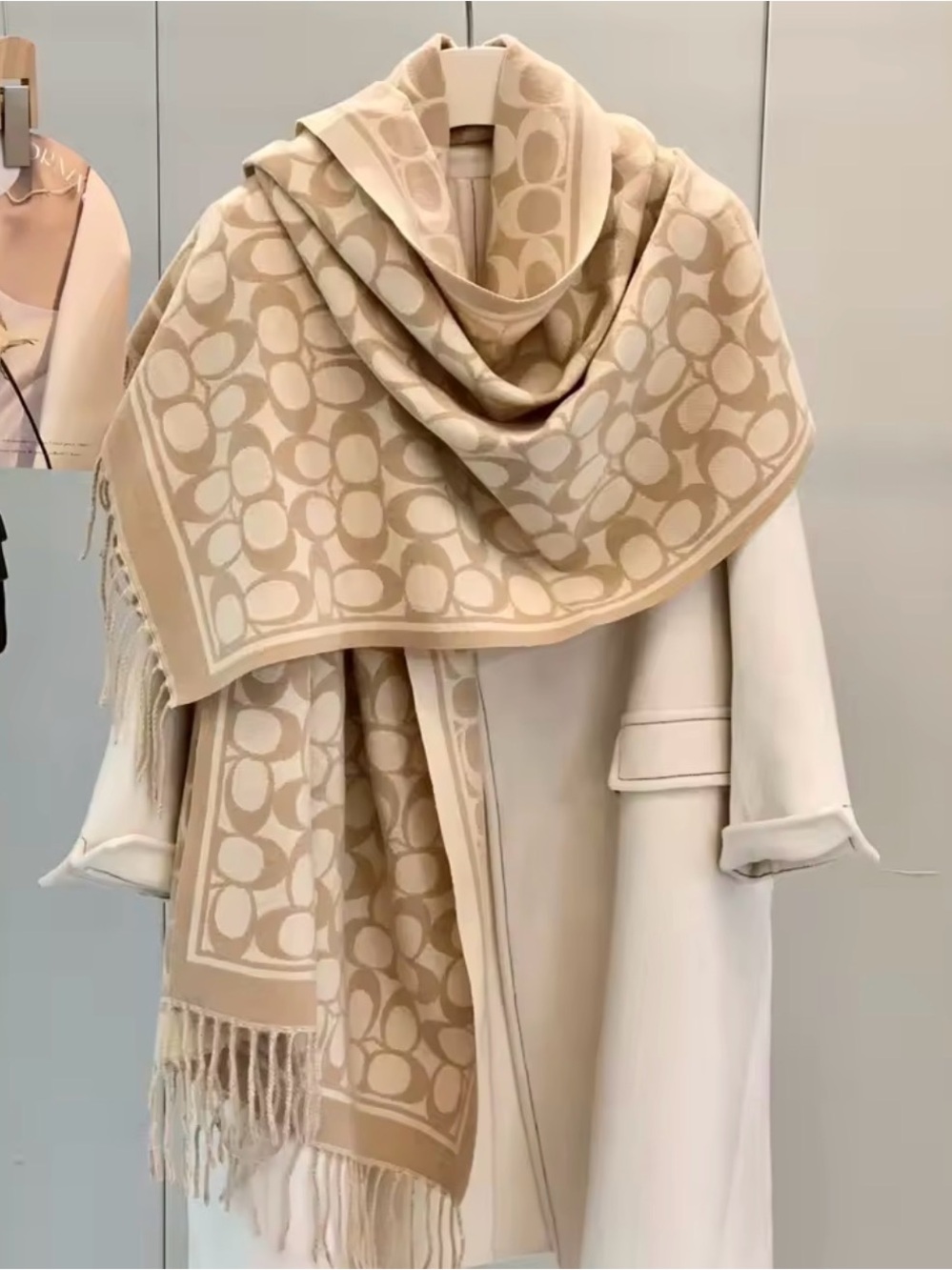 Coach-Inspired Beige Logo Jacquard Fringe Wrap Scarf(PRE ORDER 2-3weeks)